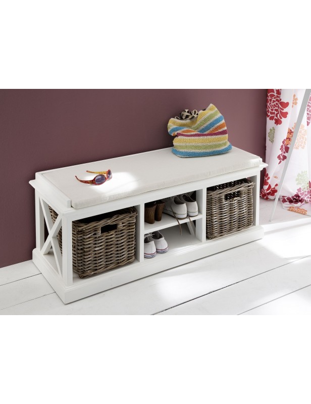 Banc de rangement bois acajou blanc,