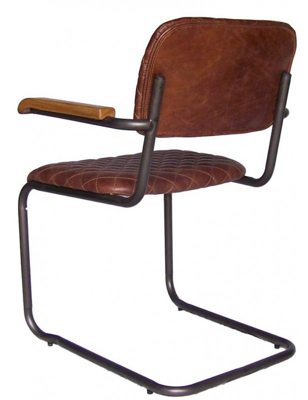 Chaise cuir marron structure fer accoudoirs bois