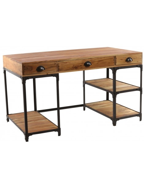 Bureau industriel 3 tiroirs 3 tablettes en acacia