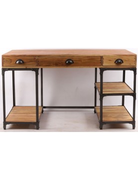 Bureau industriel 3 tiroirs 3 tablettes en acacia