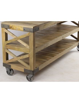 Console  grande roulettes métal industrielle 2 étagères