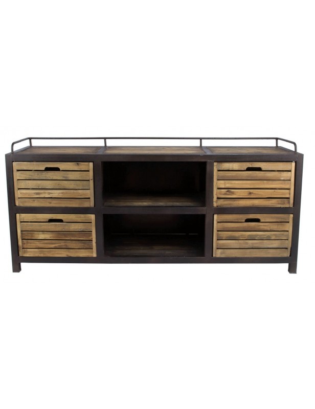 Desserte Enfilade Industrielle 4 Tiroirs Casiers Etageres Bois