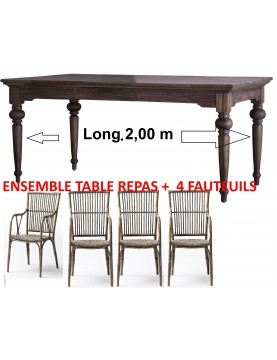 Ensemble promo table repas 200 cm teck massif  4 fauteuils