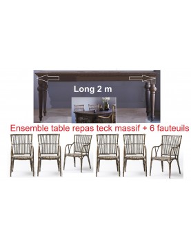 Ensemble promo table repas 200 cm teck massif  6 fauteuils