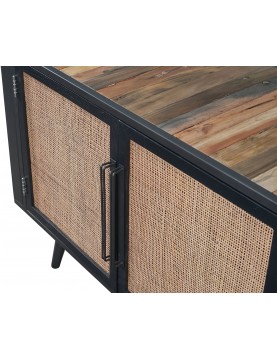 table commode tv  bois recyclé portes en cannage naturel
