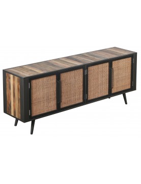 table commode tv  bois recyclé portes en cannage naturel