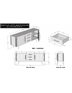 Buffet bas en cannage naturel 2 portes 3 tiroirs bois recyclé