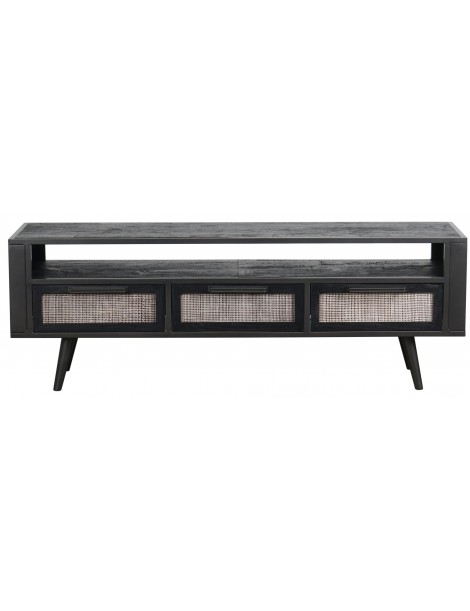 commode table multimédia tv 3 tiroirs façade cannage rotin naturel bois Mindi coloris noir