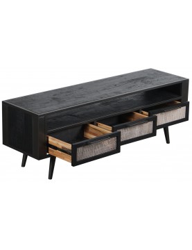 commode table multimédia tv 3 tiroirs façade cannage rotin naturel bois Mindi coloris noir