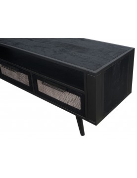 commode table multimédia tv 3 tiroirs façade cannage rotin naturel bois Mindi coloris noir