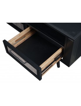 commode table multimédia tv 3 tiroirs façade cannage rotin naturel bois Mindi coloris noir