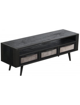 commode table multimédia tv 3 tiroirs façade cannage rotin naturel bois Mindi coloris noir