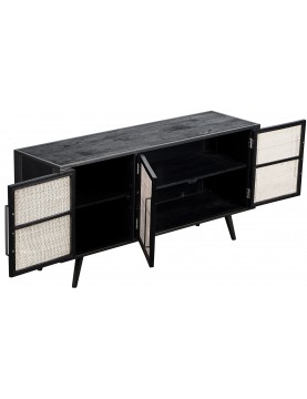 table commode multimédia 3 portes en cannage rotin larg 160 bois Mindi teinté noir