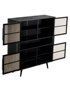 Buffet haut en cannage rotin 4 portes bois Mindi coloris noir