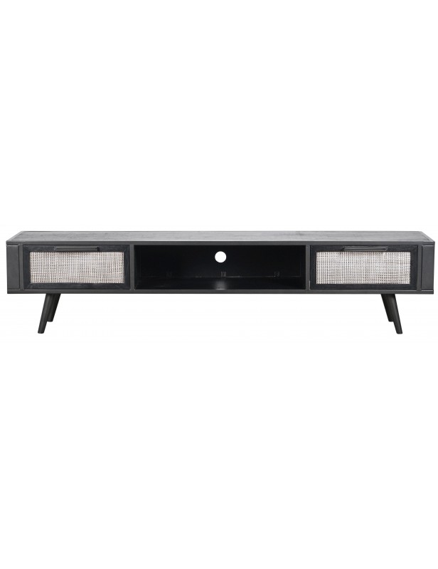commode table multimédia tv 2 tiroirs façade cannage rotin naturel bois Mindi coloris noir