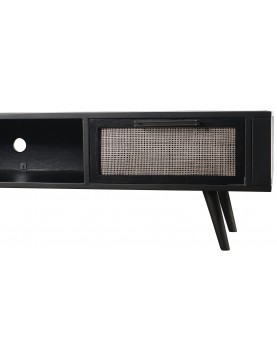 commode table multimédia tv 2 tiroirs façade cannage rotin naturel bois Mindi coloris noir