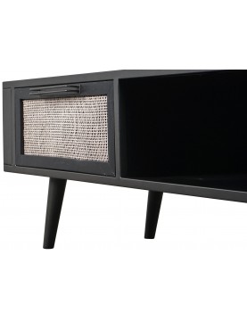 commode table multimédia tv 2 tiroirs façade cannage rotin naturel bois Mindi coloris noir