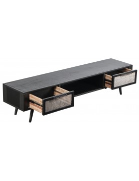 commode table multimédia tv 2 tiroirs façade cannage rotin naturel bois Mindi coloris noir