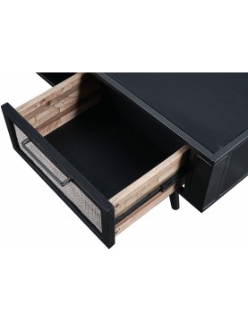 commode table multimédia tv 2 tiroirs façade cannage rotin naturel bois Mindi coloris noir