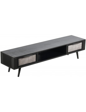 commode table multimédia tv 2 tiroirs façade cannage rotin naturel bois Mindi coloris noir