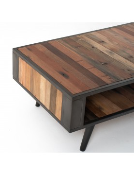 table basse salon 120 plateau bois recyclé bateau pieds métal industrielle