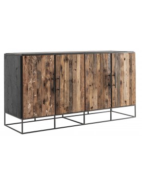 Buffet industriel 4 portes bois recyclé bateau tablettes pieds métal