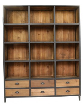 bibliothèque industrielle bois pin recyclé 6 tiroirs 12 étagères