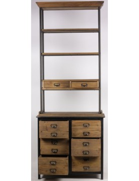 bibliothèque industrielle bois pin recyclé 8 tiroirs 4 étagères grande hauteur