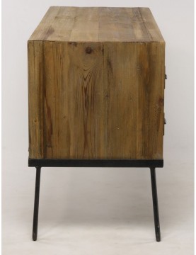Console industrielle meuble bois recyclé 4 tiroirs 2 placards étagères pieds métal