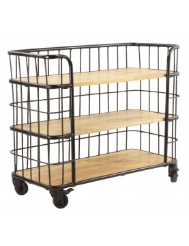 Console industrielle cage sur roulettes bois manguier 3 plateaux structure et pieds métal