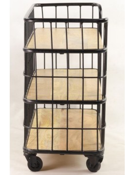 Console industrielle cage sur roulettes bois manguier 3 plateaux structure et pieds métal