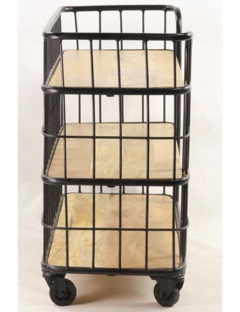 Console industrielle cage sur roulettes bois manguier 3 plateaux structure et pieds métal
