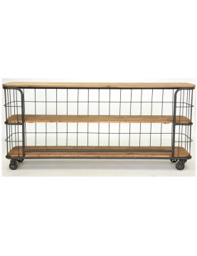 Console industrielle cage long 180 cm sur roulettes bois manguier 3 plateaux structure et pieds métal