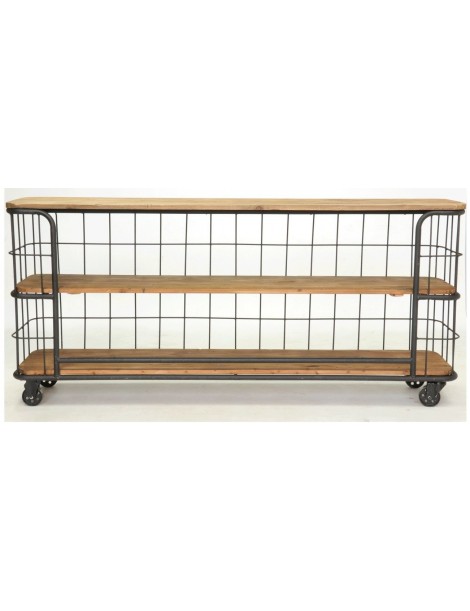 Console industrielle cage long 180 cm sur roulettes bois manguier 3 plateaux structure et pieds métal