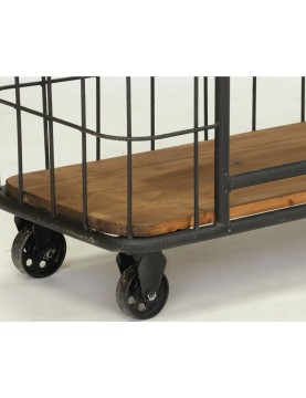 Console industrielle cage long 180 cm sur roulettes bois manguier 3 plateaux structure et pieds métal