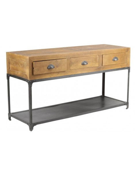 Console industrielle 3 tiroirs longueur 140 bois recyclé 1 tablette pieds métal