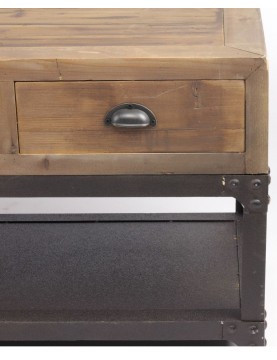 meuble tv industriel 4 tiroirs 1 étagère métal bois recyclé poignées laiton