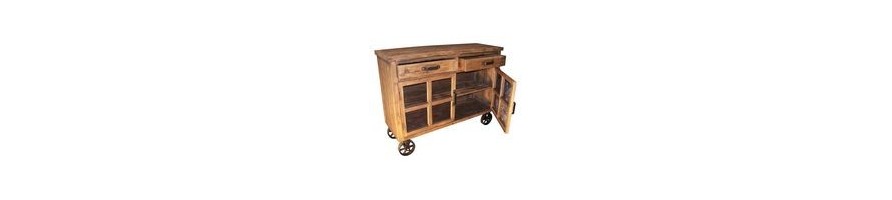 buffet industriel pieds bois recyclé métal roues meuble rangement 